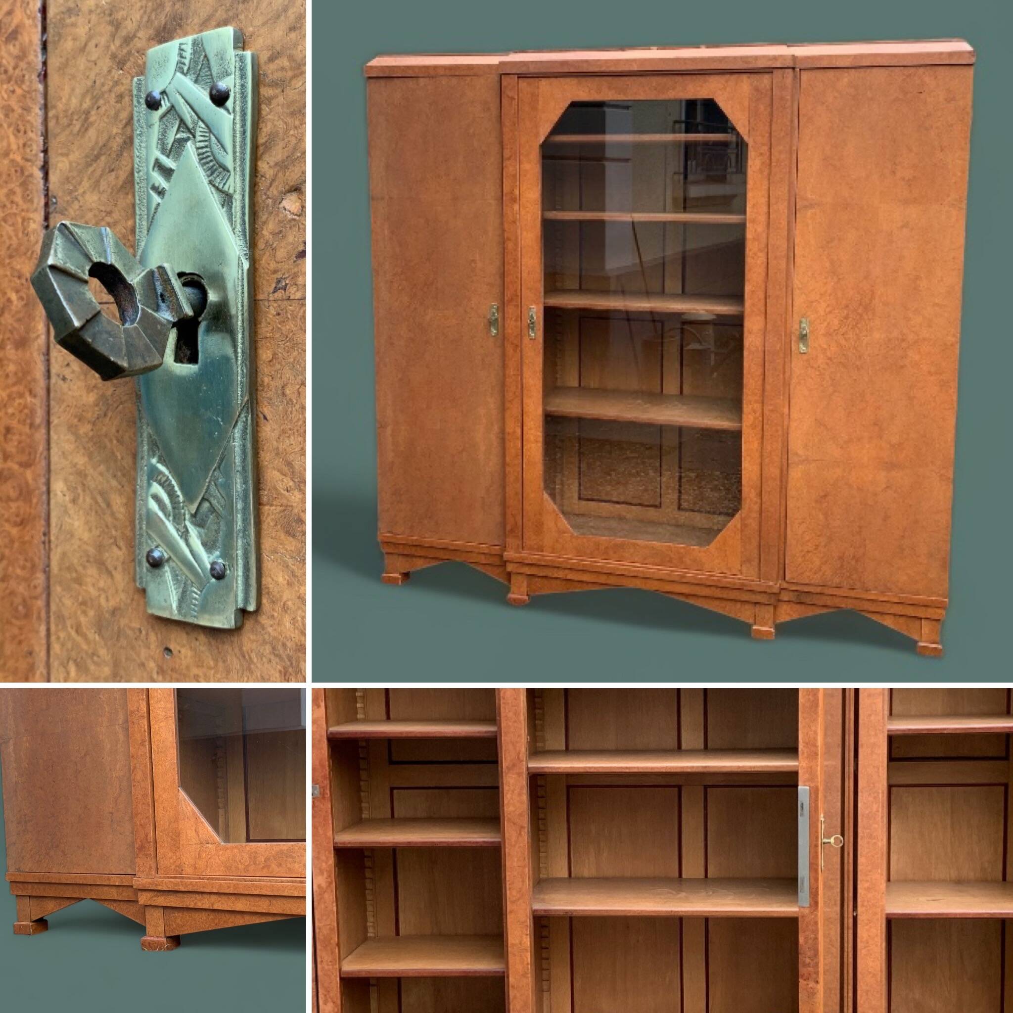 Art deco glass china cabinet in burr walnut 1930