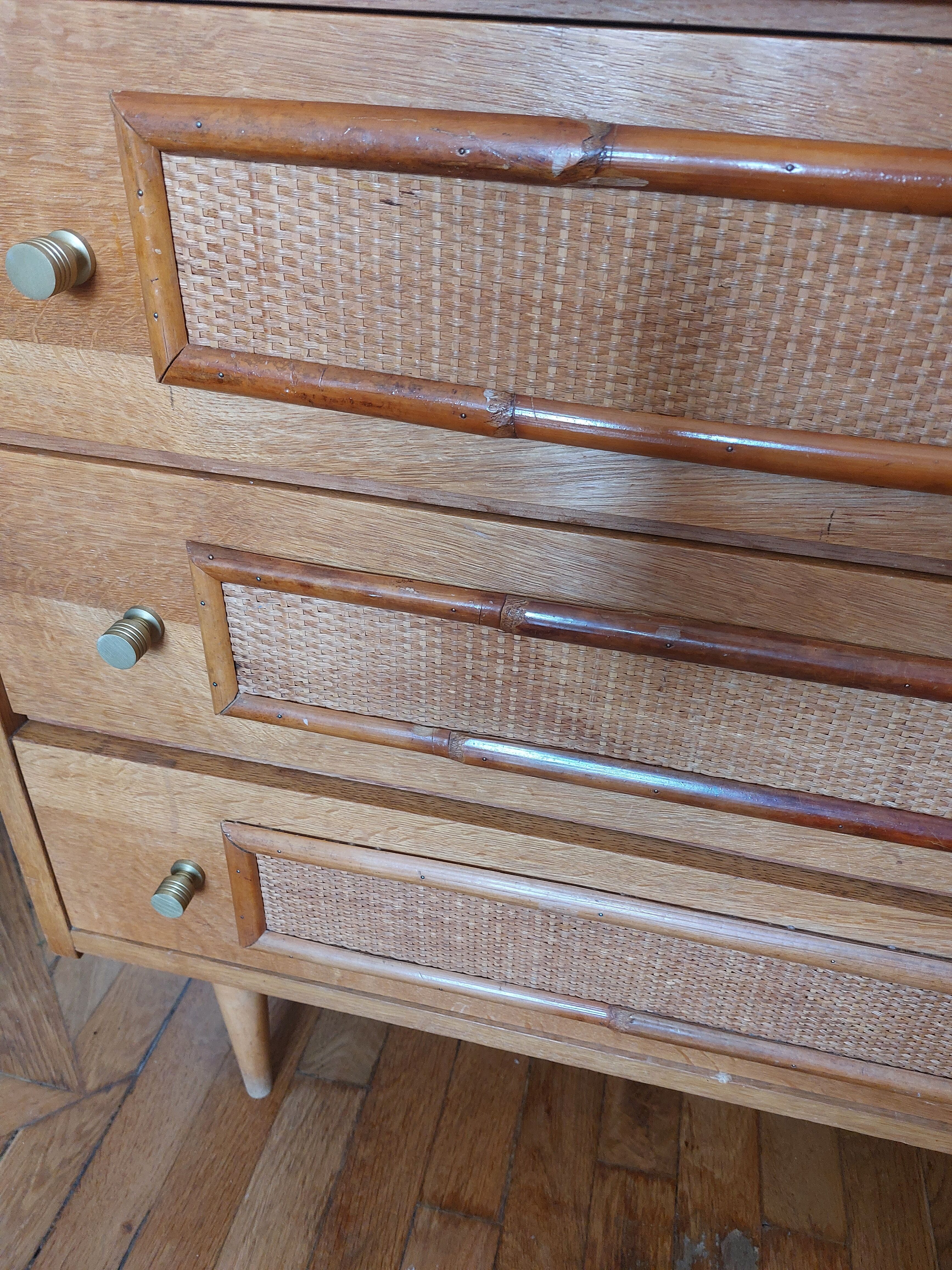 Vintage wood and rattan chest of drawers