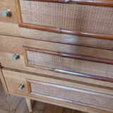 Vintage wood and rattan chest of drawers