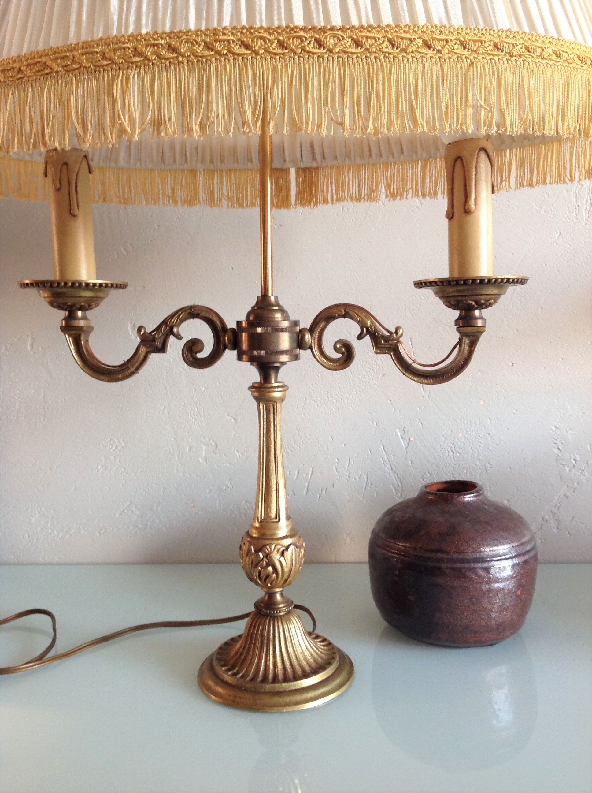 Empire style hot water bottle lamp with fabric lampshade / vintage 50-60s
