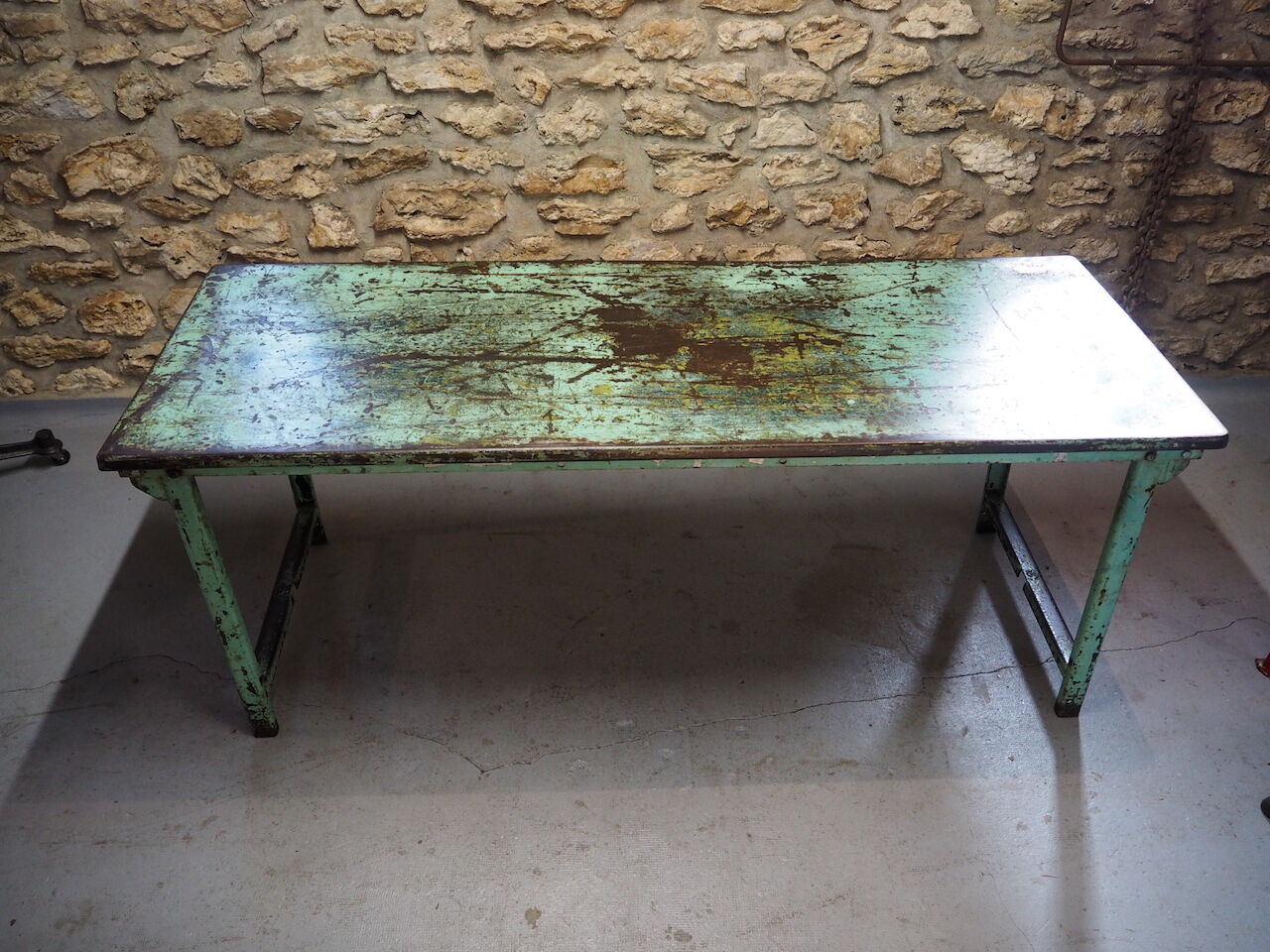 Green patinated metal workshop table 1950