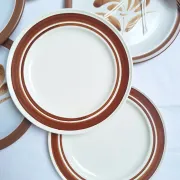 Brown flower-patterned plates from the 1970s.