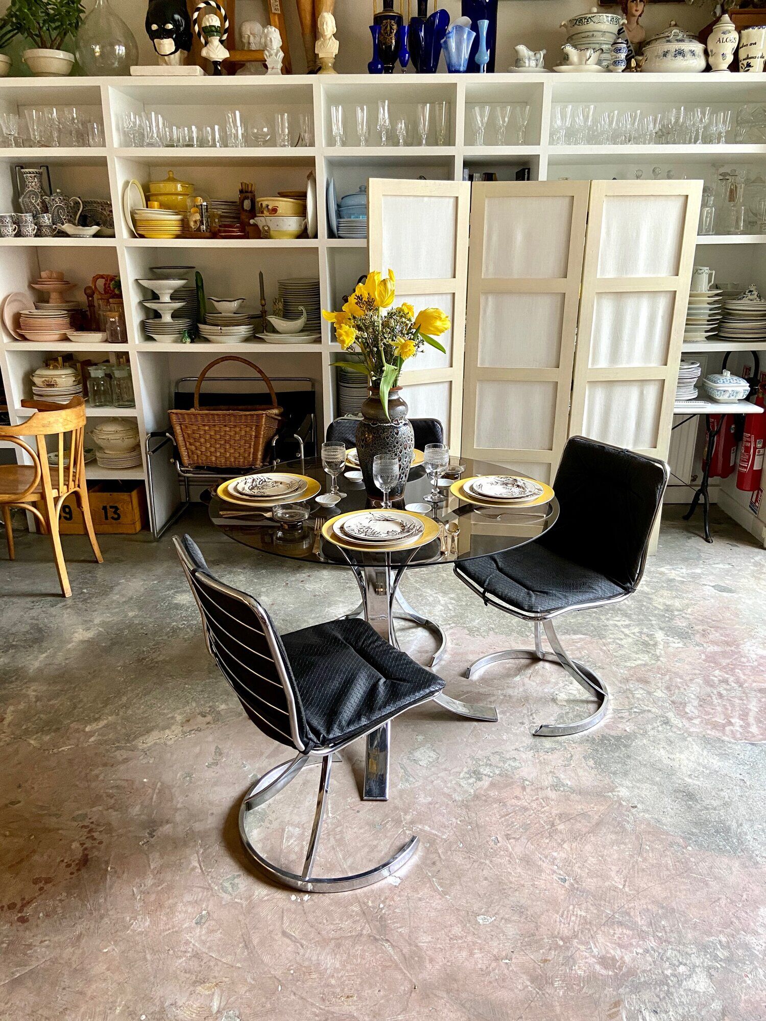 2 chairs in chromed metal and black woven skaï 1970s