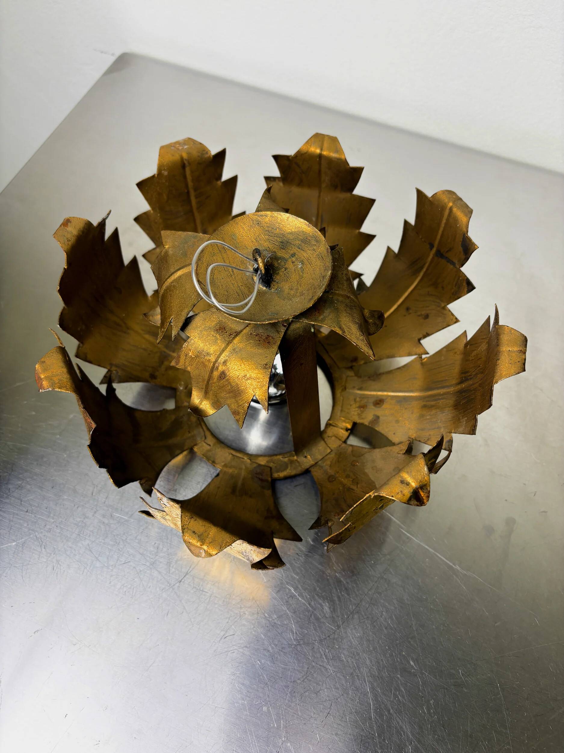 Spanish sunburst ceiling light fixture or sconce in gilt iron, 1970s