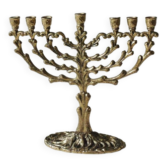 Hebrew menorah/candlestick in brass with 7 arms of light. With a stylish tree-shaped design. Signed Tamar 450/Jerusalem