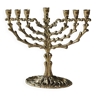 Hebrew menorah/candlestick in brass with 7 arms of light. With a stylish tree-shaped design. Signed Tamar 450/Jerusalem
