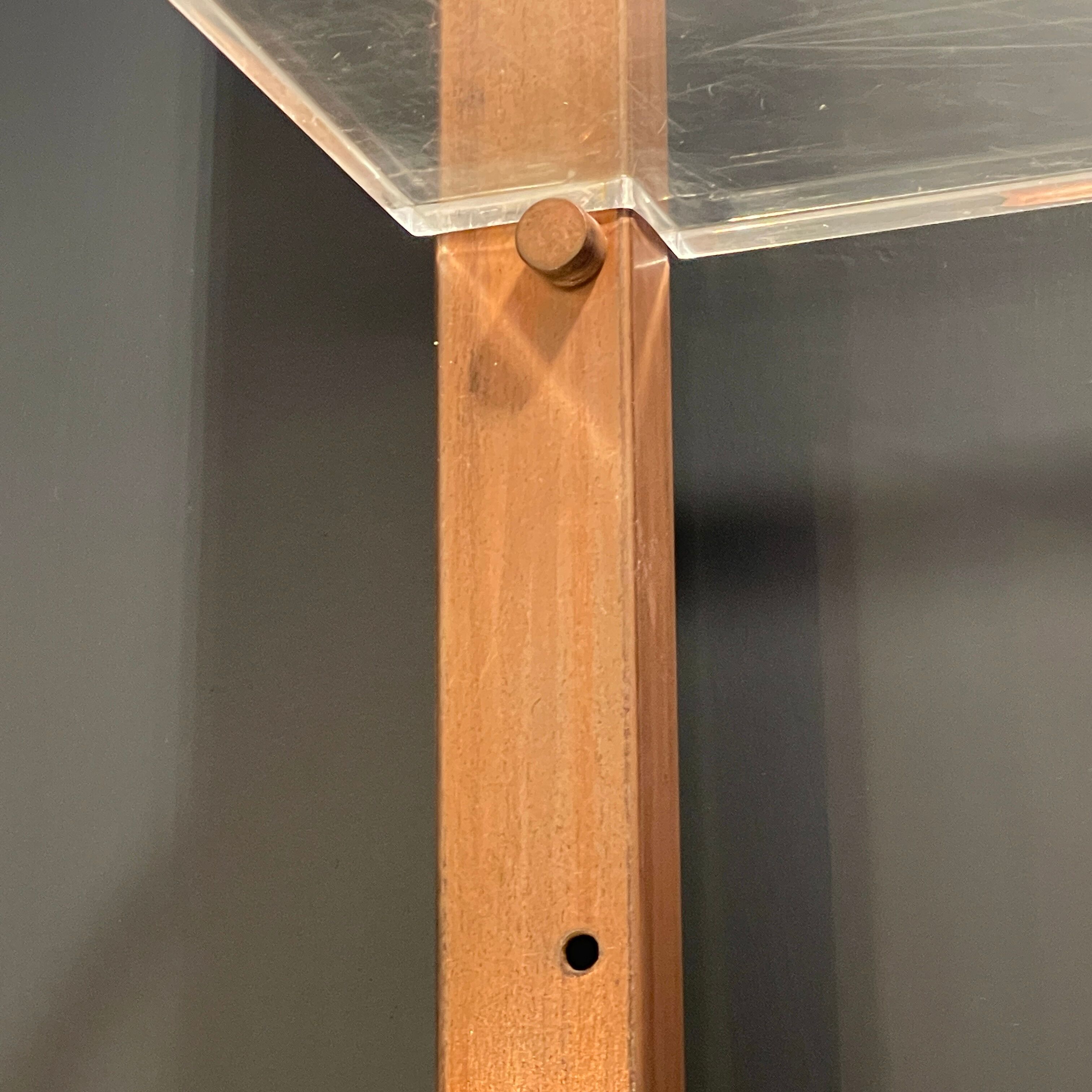 Vintage illuminated column shelf, copper steel, brutalist industrial design, ca 1970