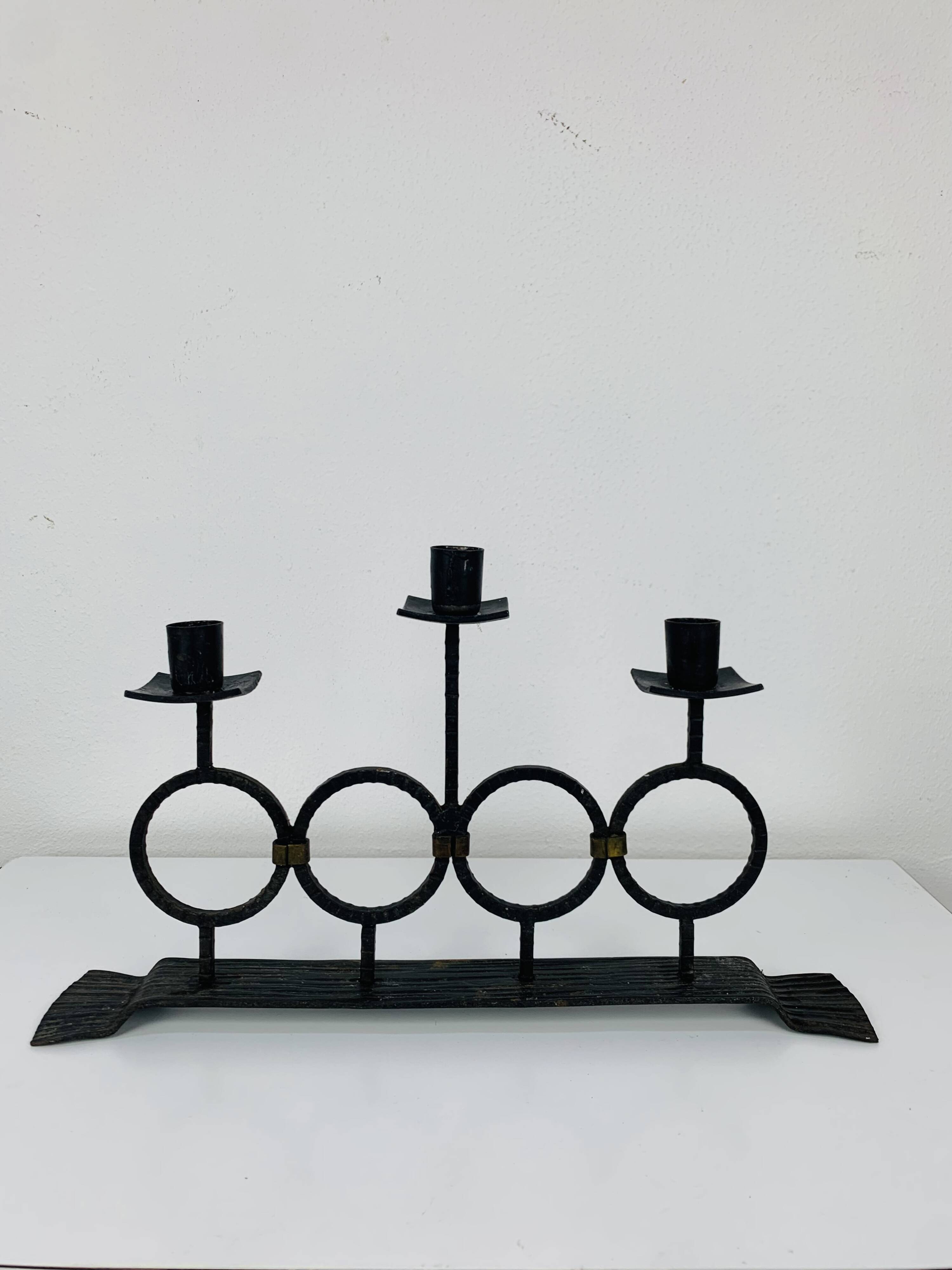 Vintage Brutalist Wrought Iron Triple Candle Holder