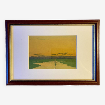 Gravure en couleur , couché de soleil