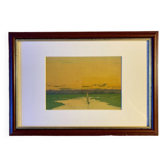 Gravure en couleur , couché de soleil