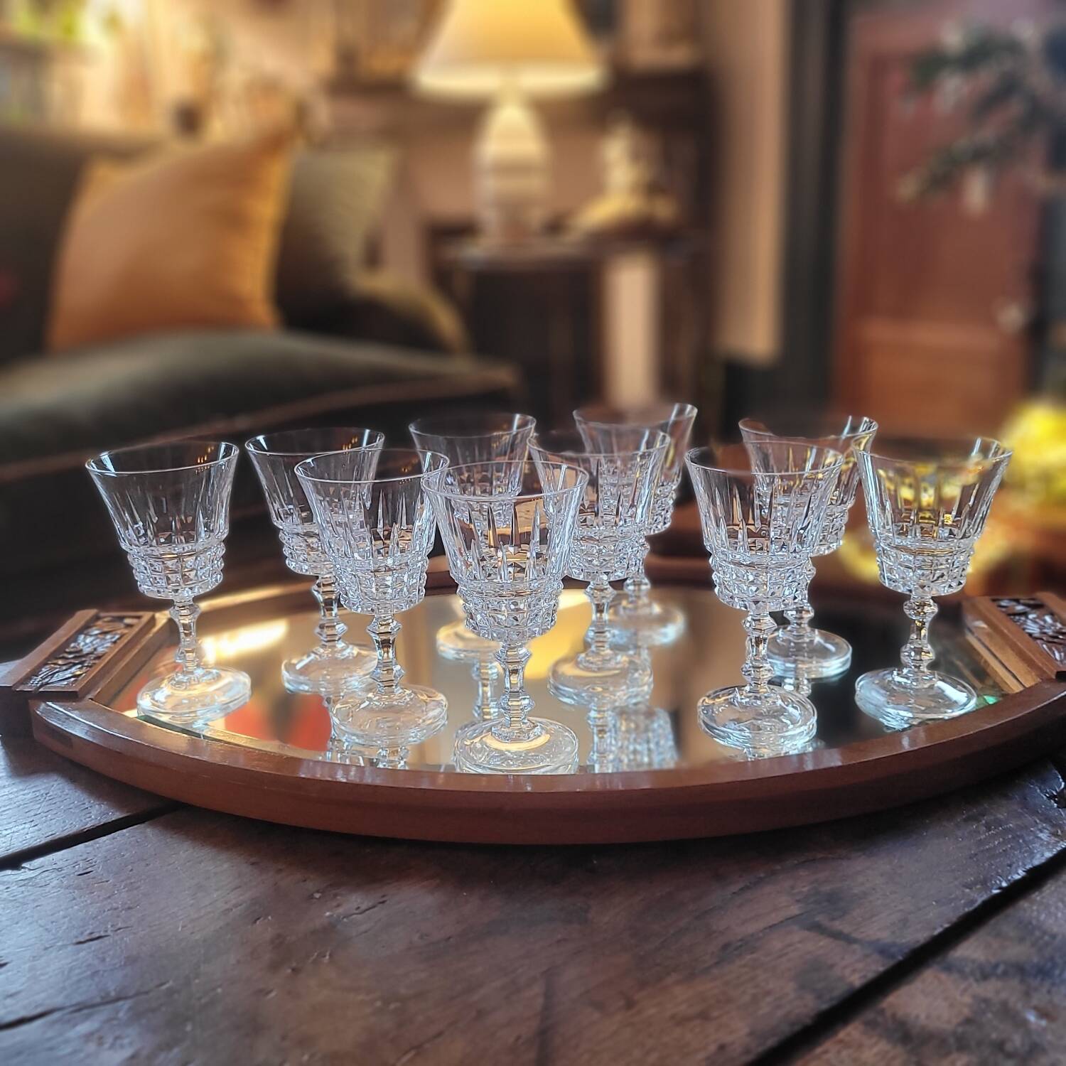 Set of 10 cut crystal stemmed glasses - France, circa 1950-197