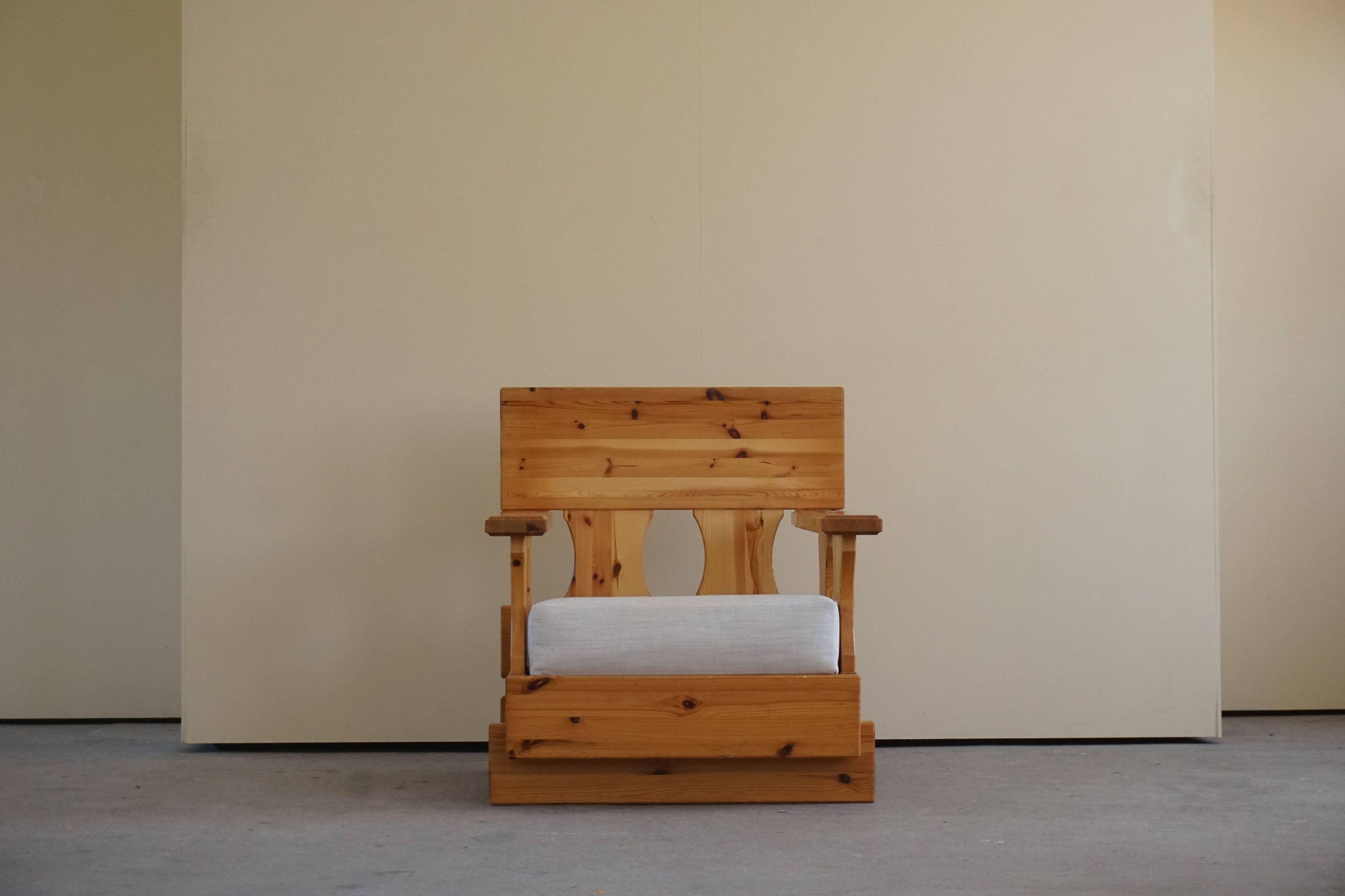 Mid century brutalist solid pine lounge chair with new upholstery, sweden, 1970s