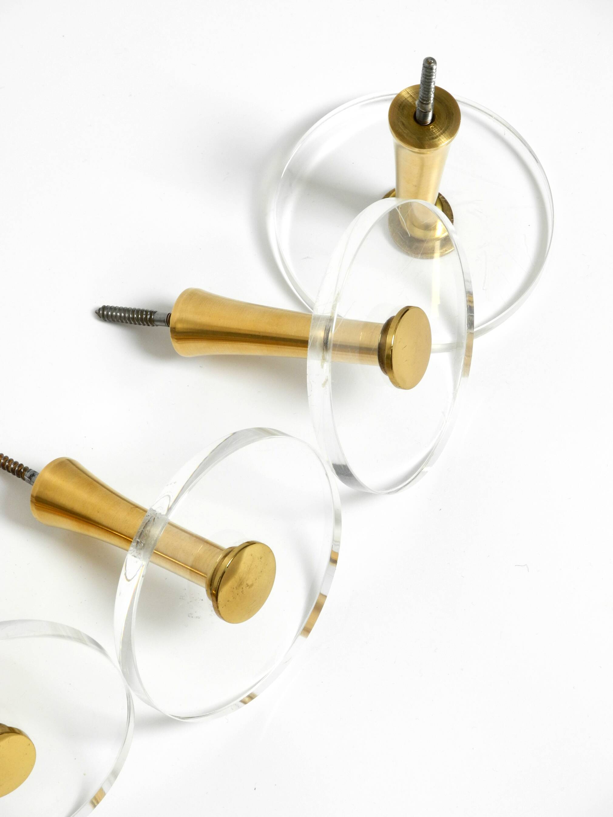 70s set of 6 coat hooks made of brass and plexiglass Vereinigte Werkstätten