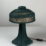 Green Art Deco rattan wicker mushroom "Eiffel" table lamp, 1950s