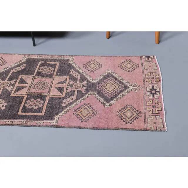 Vintage Turkish hand-knotted wool cotton pink runner 82x312
