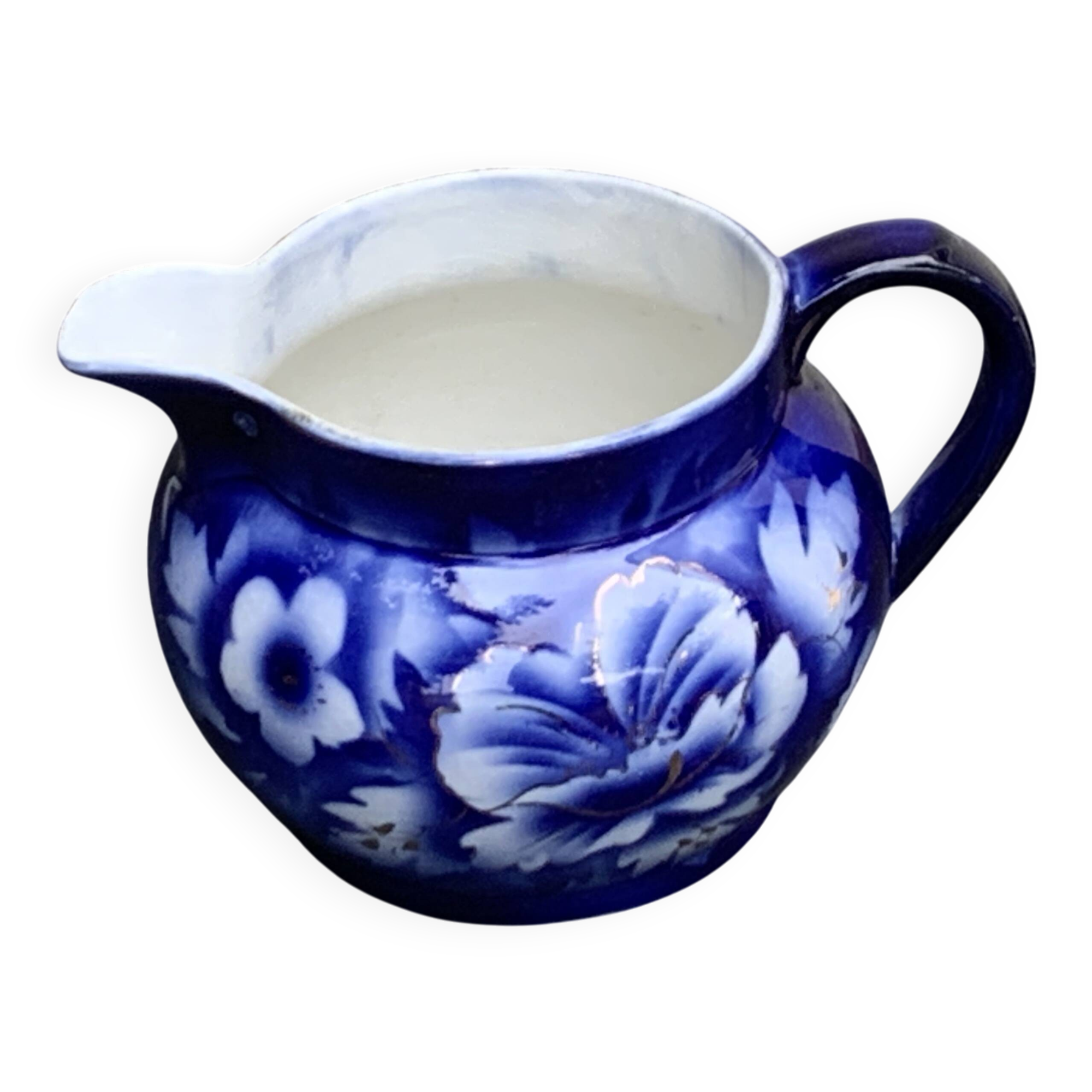 Milk jug with blue and gold peony pattern, made in England,