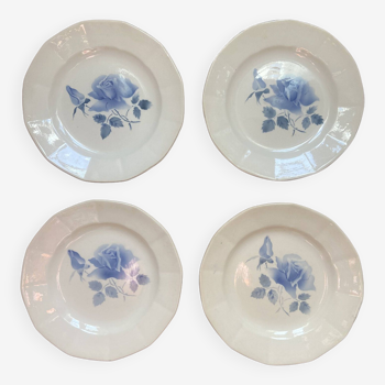 Lot de 4 assiettes à dessert Digoin, motif roses bleues au pochoir