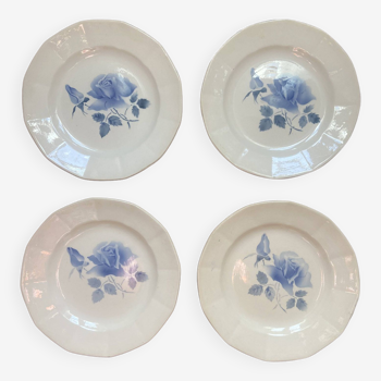 Set of 4 Digoin dessert plates, stencilled blue rose pattern