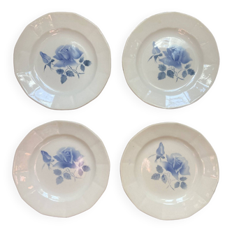 Lot de 4 assiettes à dessert Digoin, motif roses bleues au pochoir