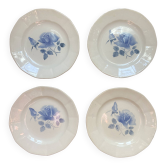 Set of 4 Digoin dessert plates, stencilled blue rose pattern