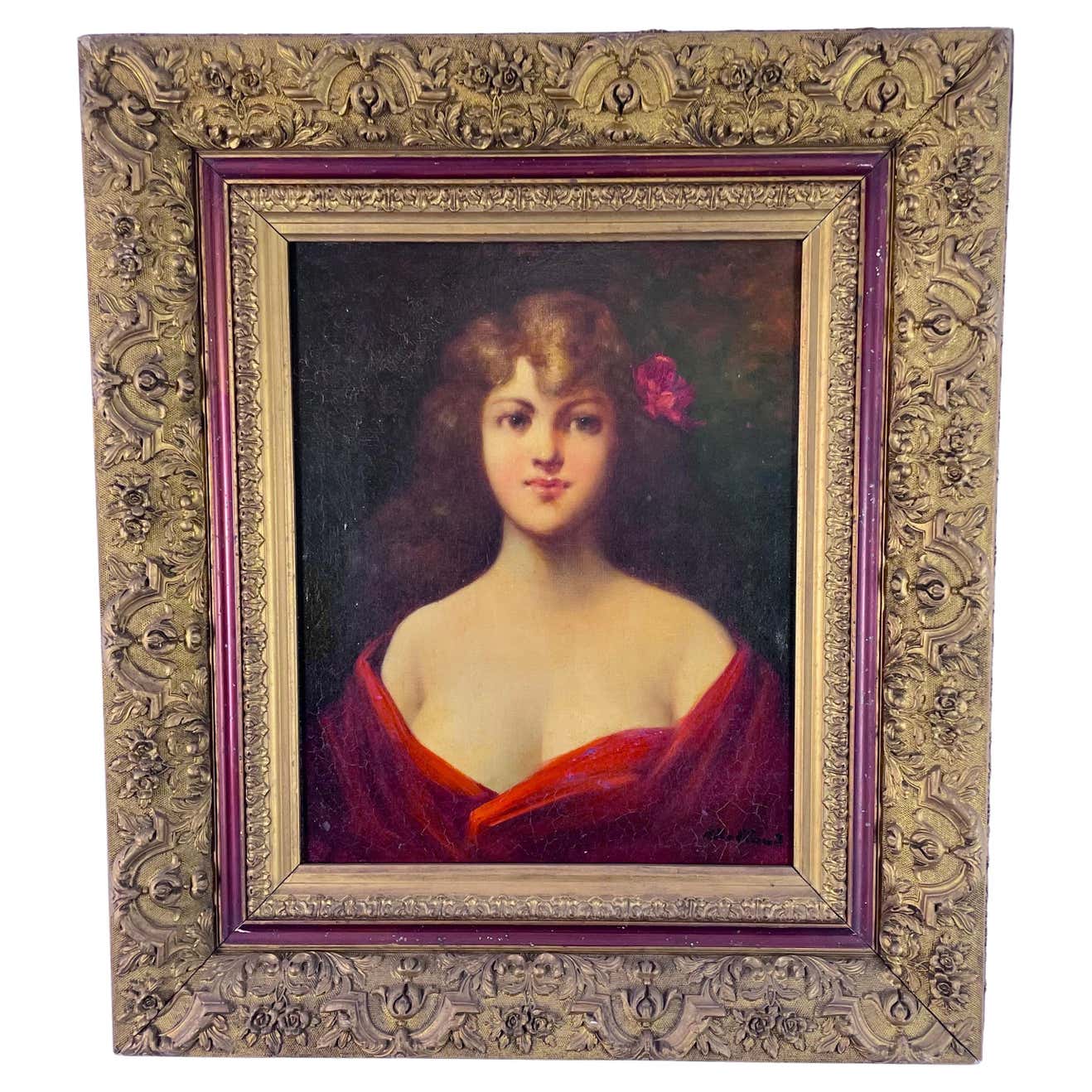 Portrait of a woman oil painting on panel 19th century signed ROLLAND framed