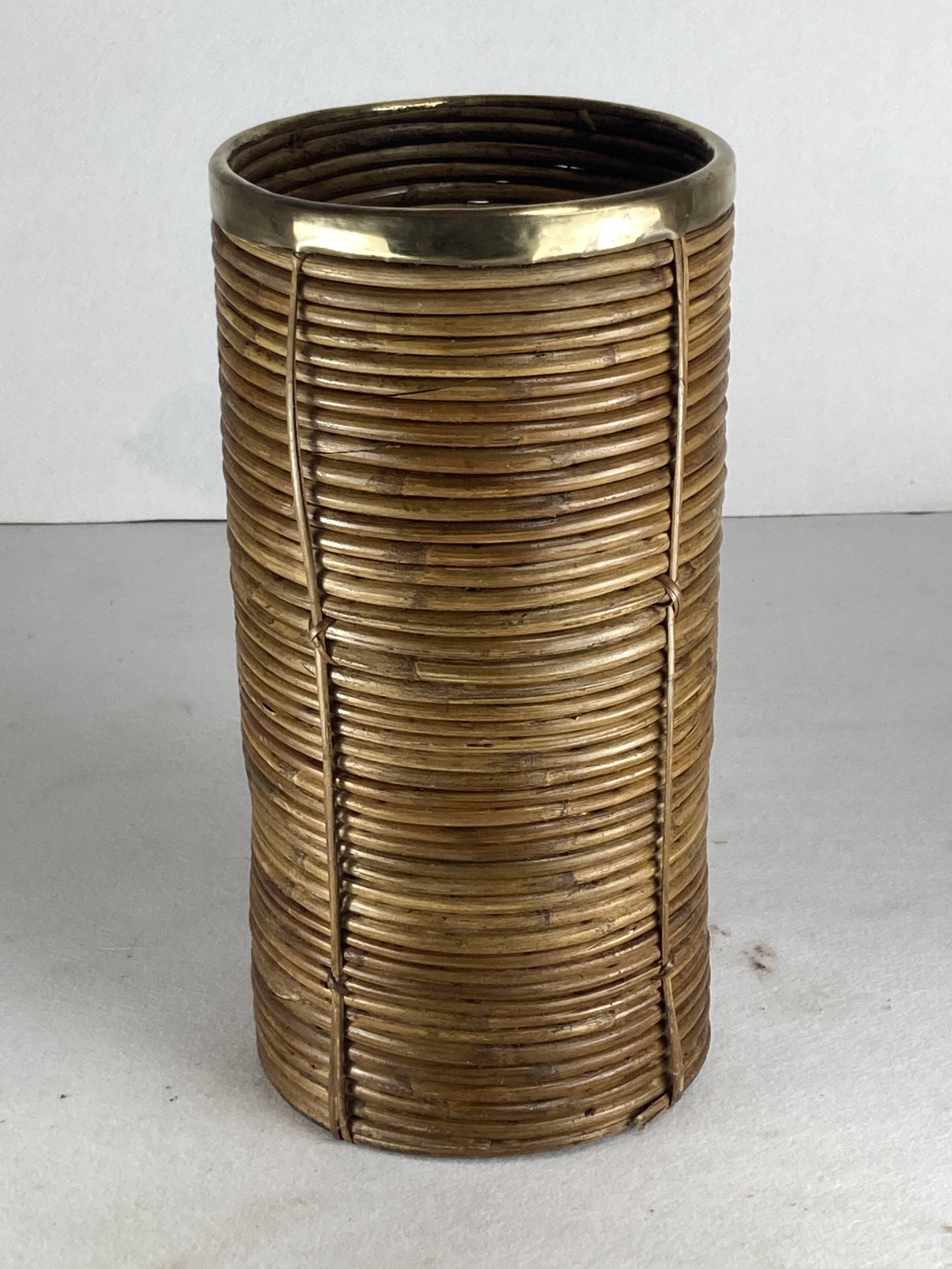 Pencil reed rattan and brass umbrella stand. or basket, Italy