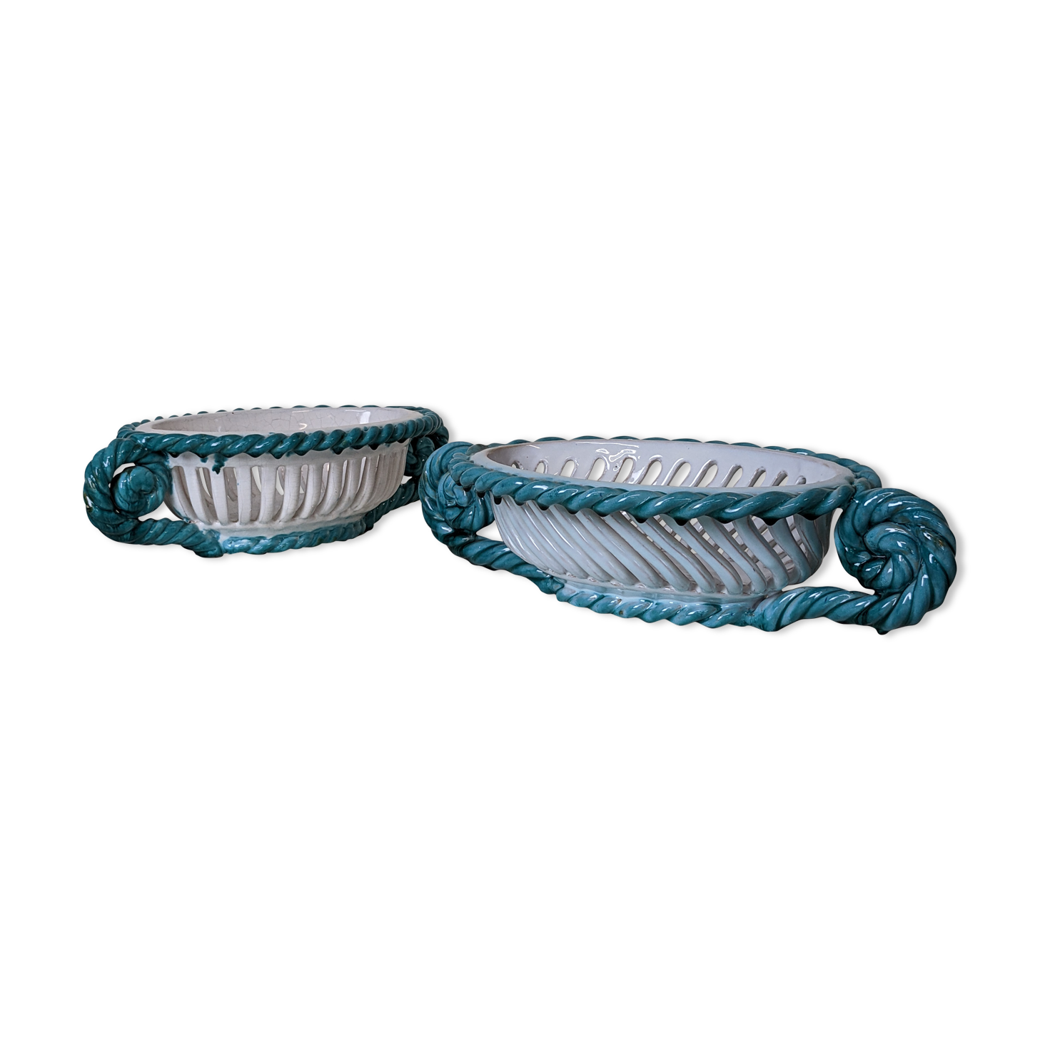Set of 2 twisted earthenware fruit baskets by Sainte Radegonde, 50s