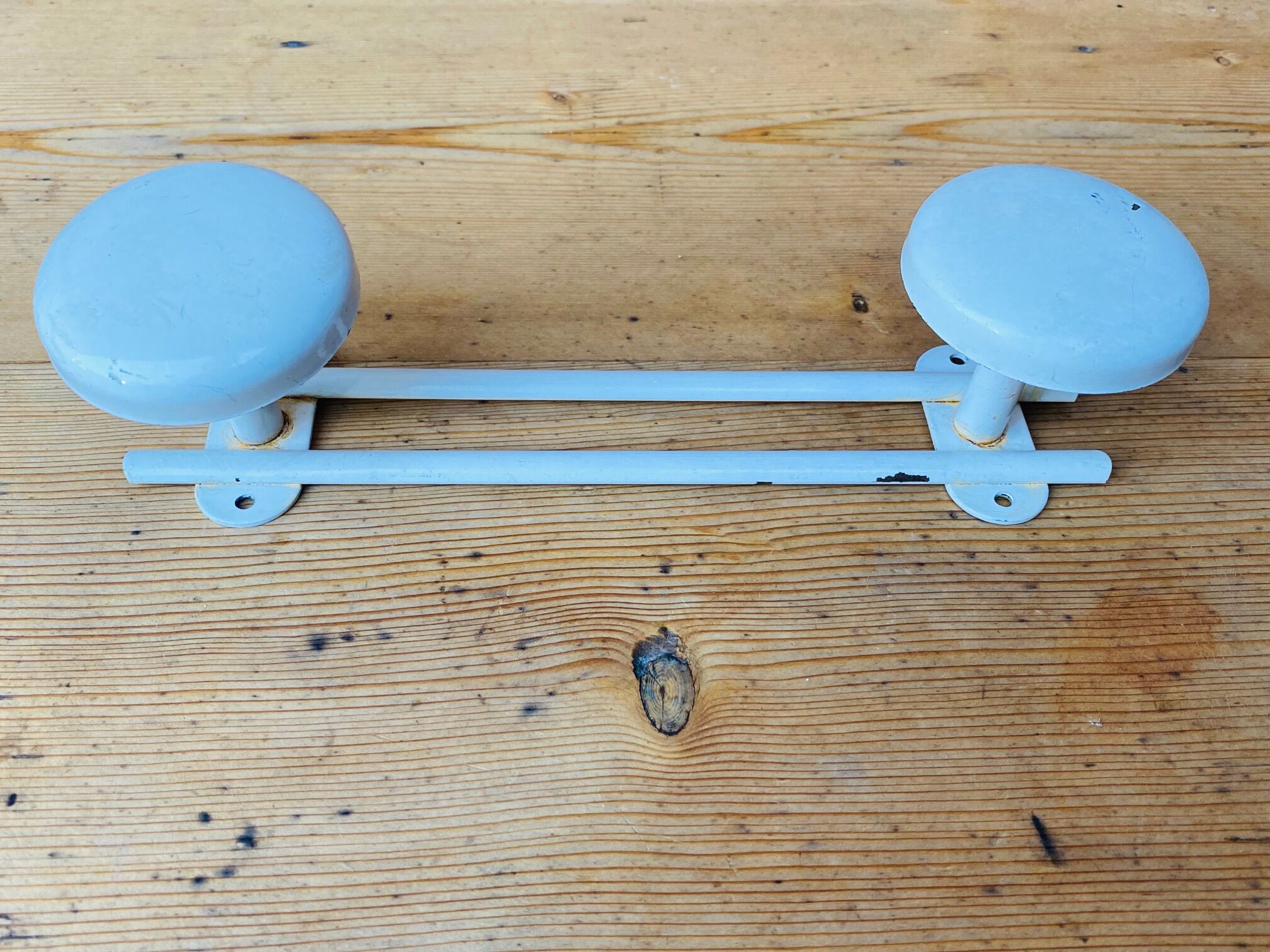 Metal wall coat rack 2 white hooks 60s.