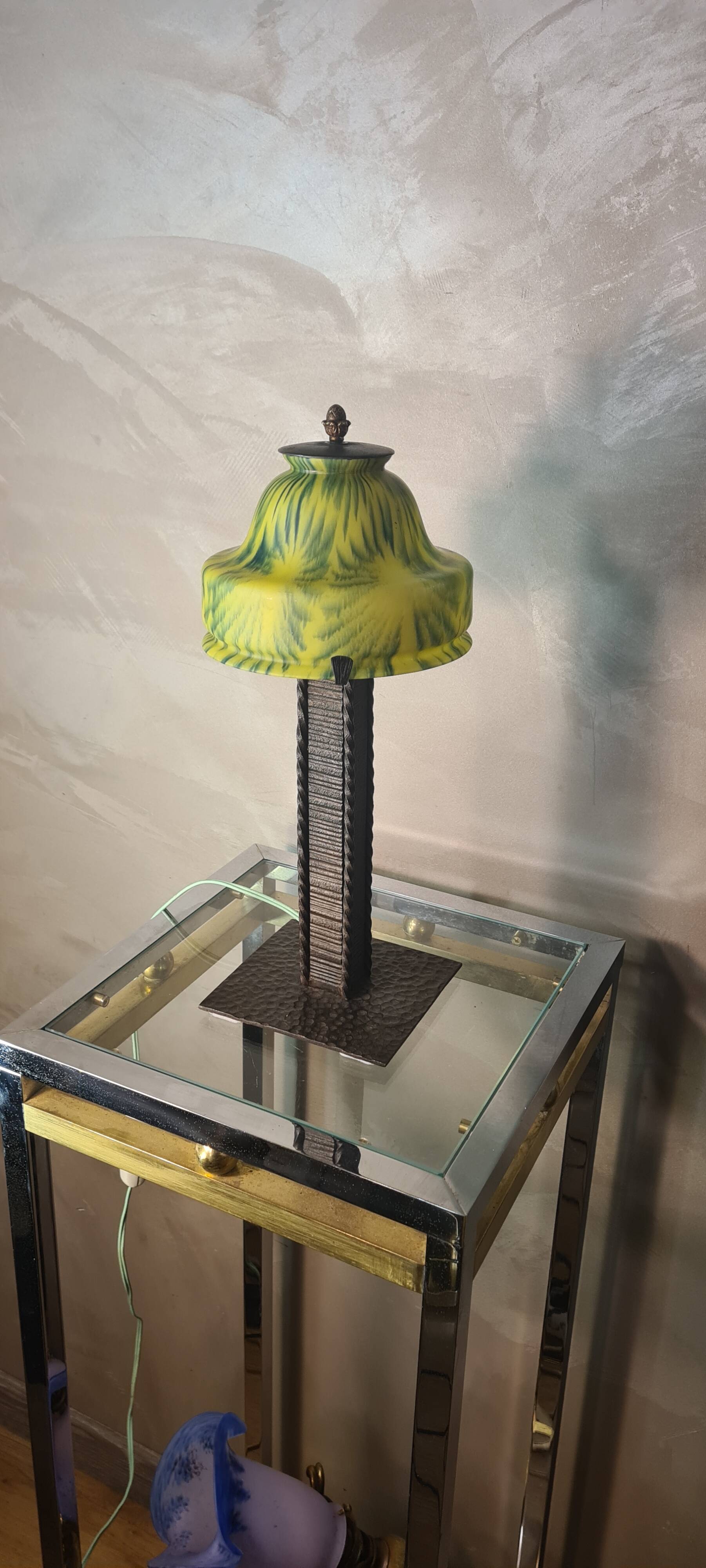 wrought and hammered iron lamp 1900 a30 with glass paste tulip, yellow and green 34x16