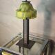 wrought and hammered iron lamp 1900 a30 with glass paste tulip, yellow and green 34x16