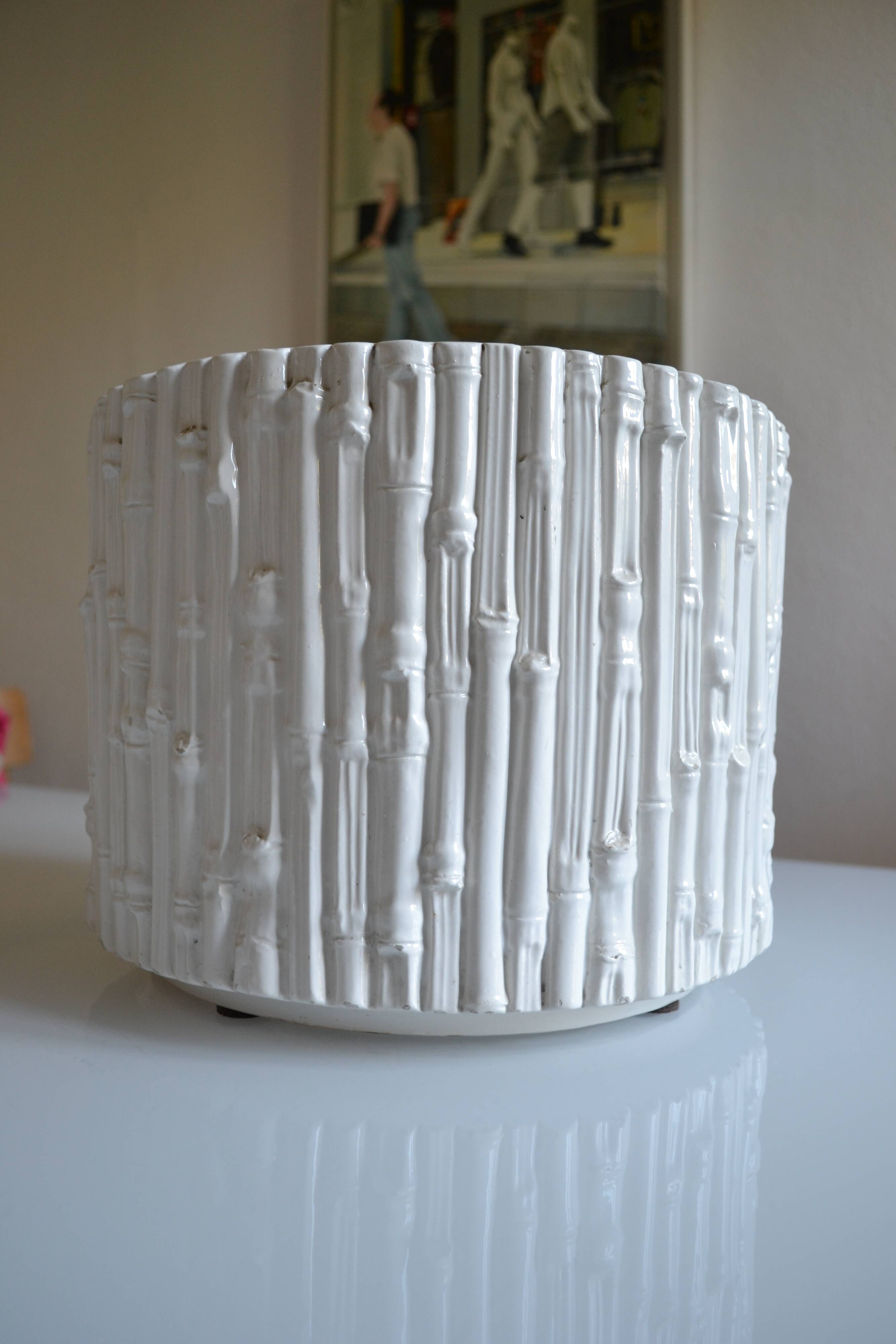 Ceramic cache pot in bamboo style, Italy 1980, Hollywood Regency.