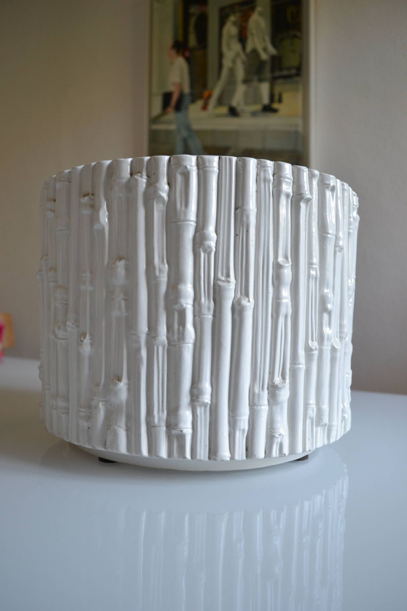 Ceramic cache pot in bamboo style, Italy 1980, Hollywood Regency.
