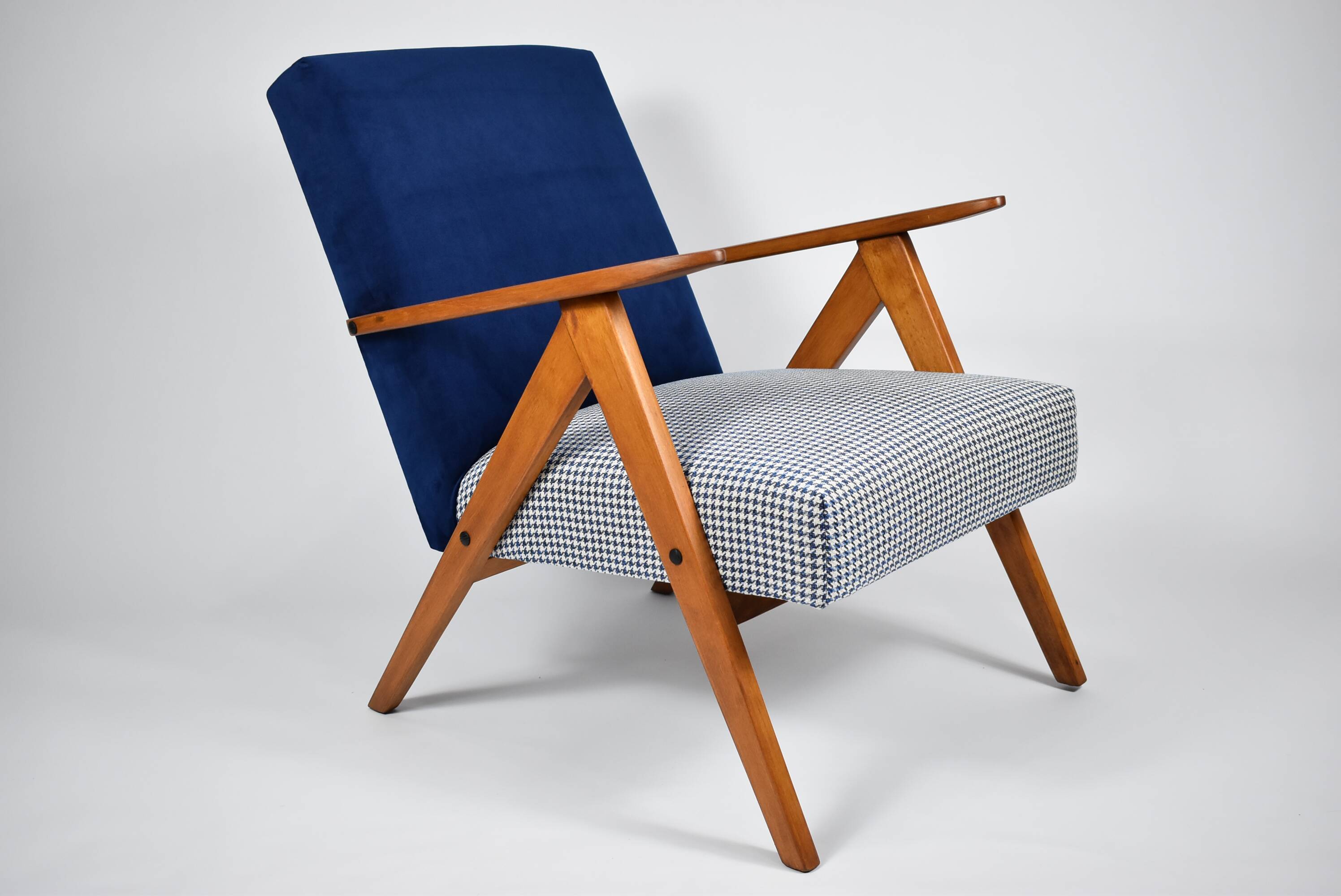 Original armchair compas, pied de poule, blue velvet, 1960s, restored