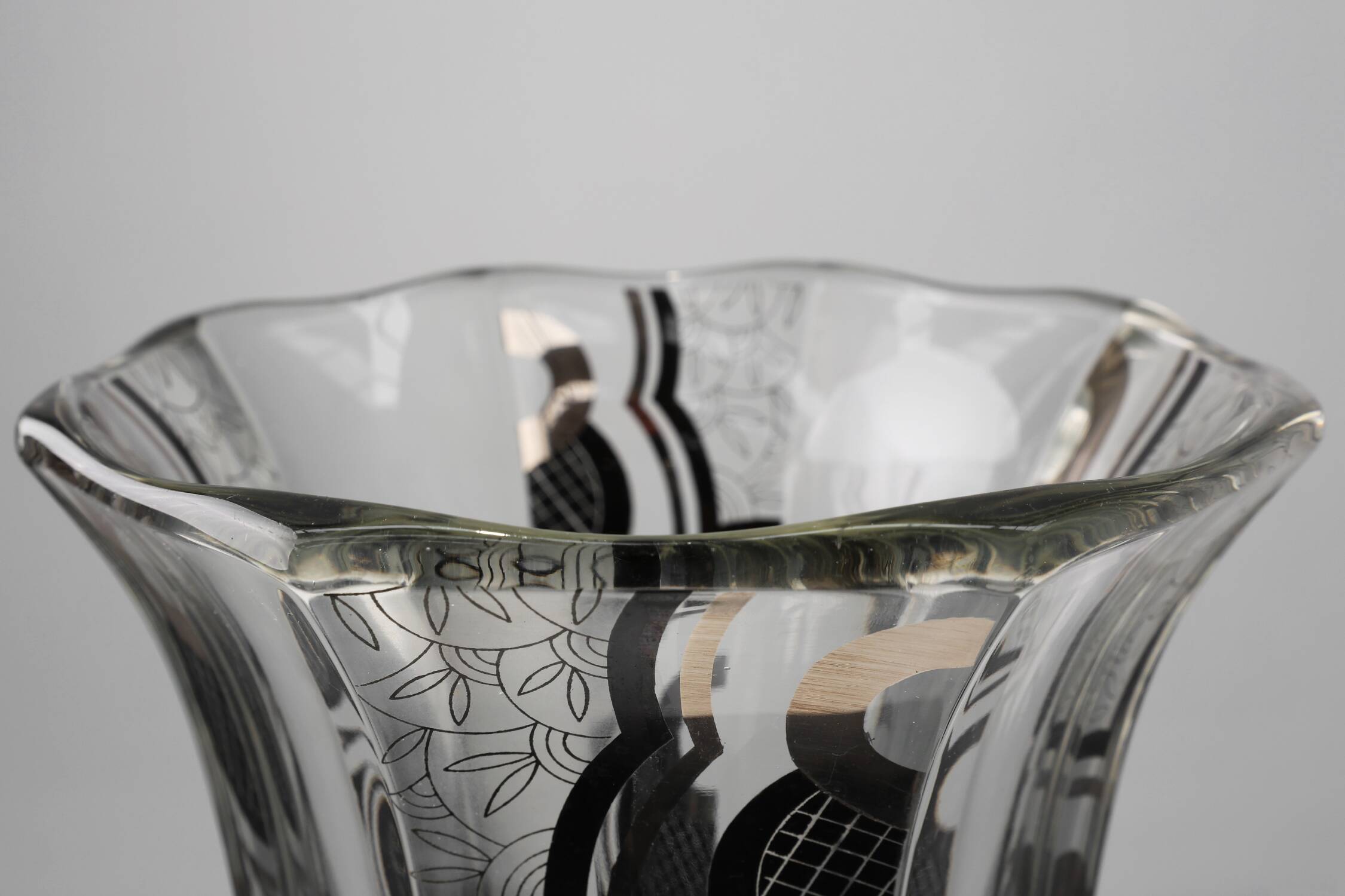 Art Deco Glass Vase with Black Graphic Decoration, France, circa 1940