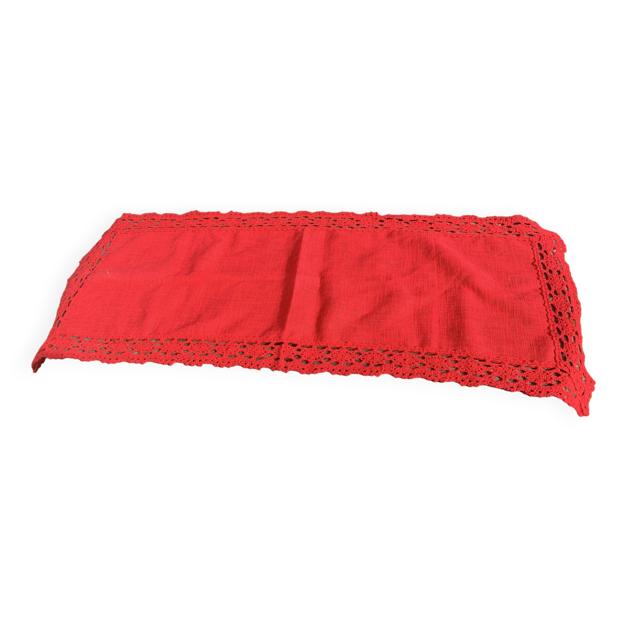 Linen and cotton table runner with vintage red crochet border