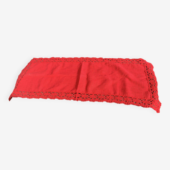 Linen and cotton table runner with vintage red crochet border