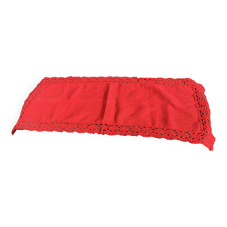 Linen and cotton table runner with vintage red crochet border