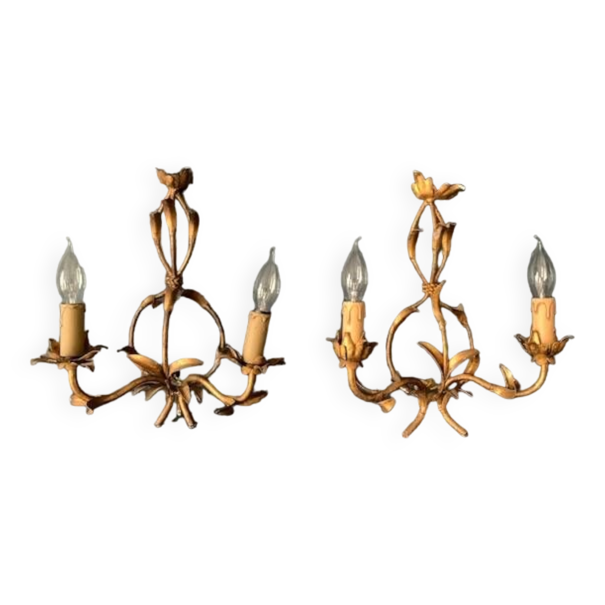 Paire d'appliques italiennes, feuilles en tôle dorée, 1940