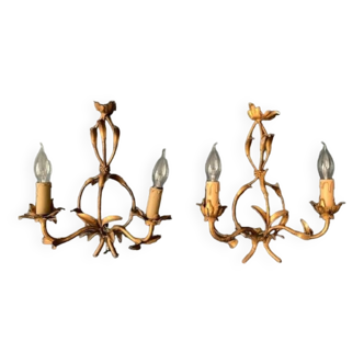 Paire d'appliques italiennes, feuilles en tôle dorée, 1940