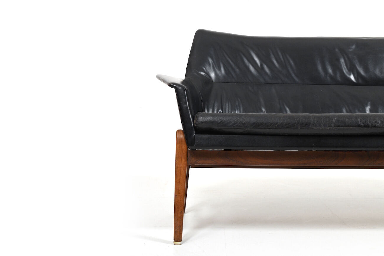 1950s Leather and Teak Wing Sofa by Ib Kofod-Larsen