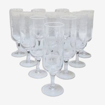 10 antique engraved crystal champagne flutes