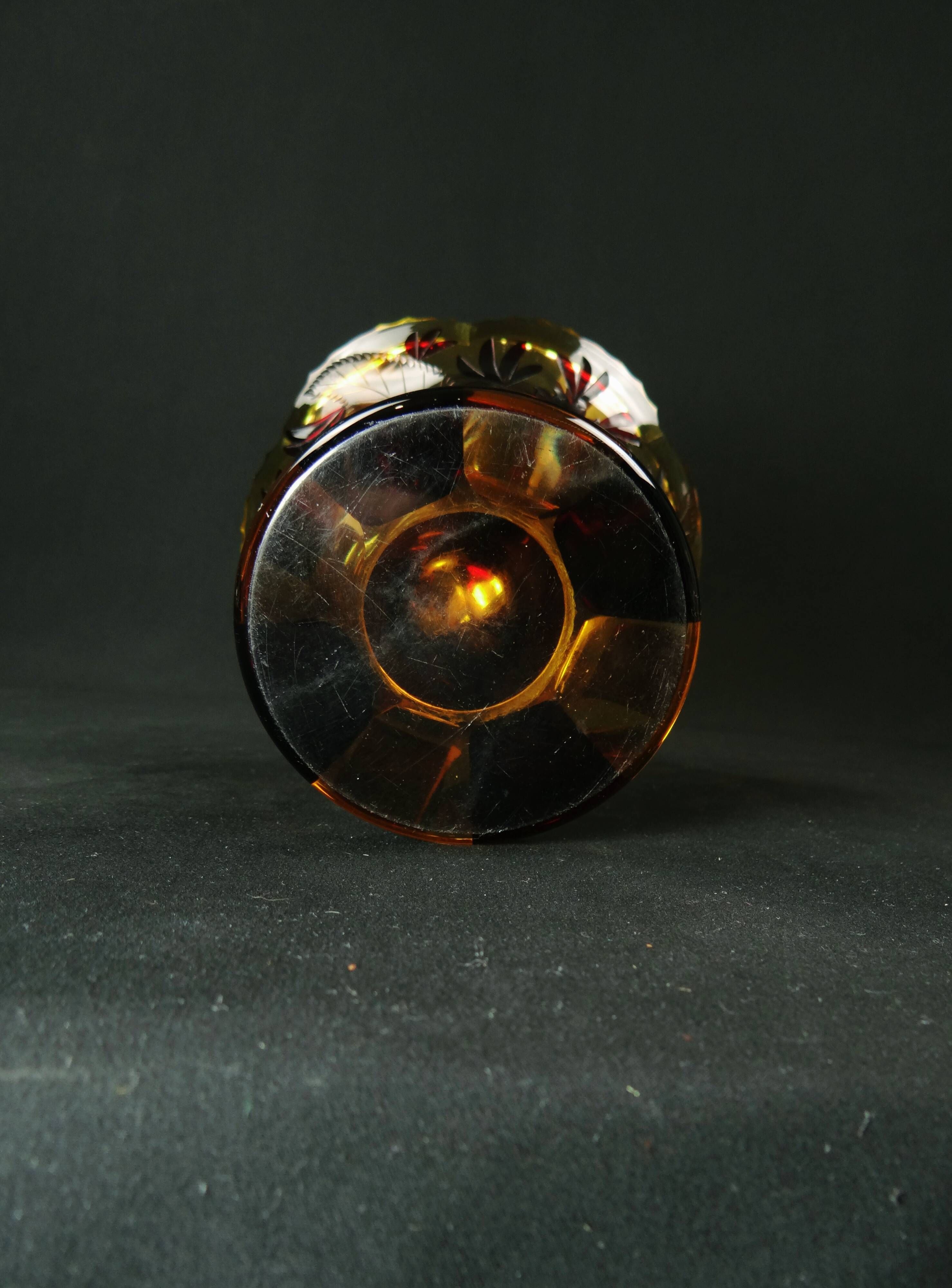 Bohemian cut crystal vase with Art Deco ruby red amber floral decoration