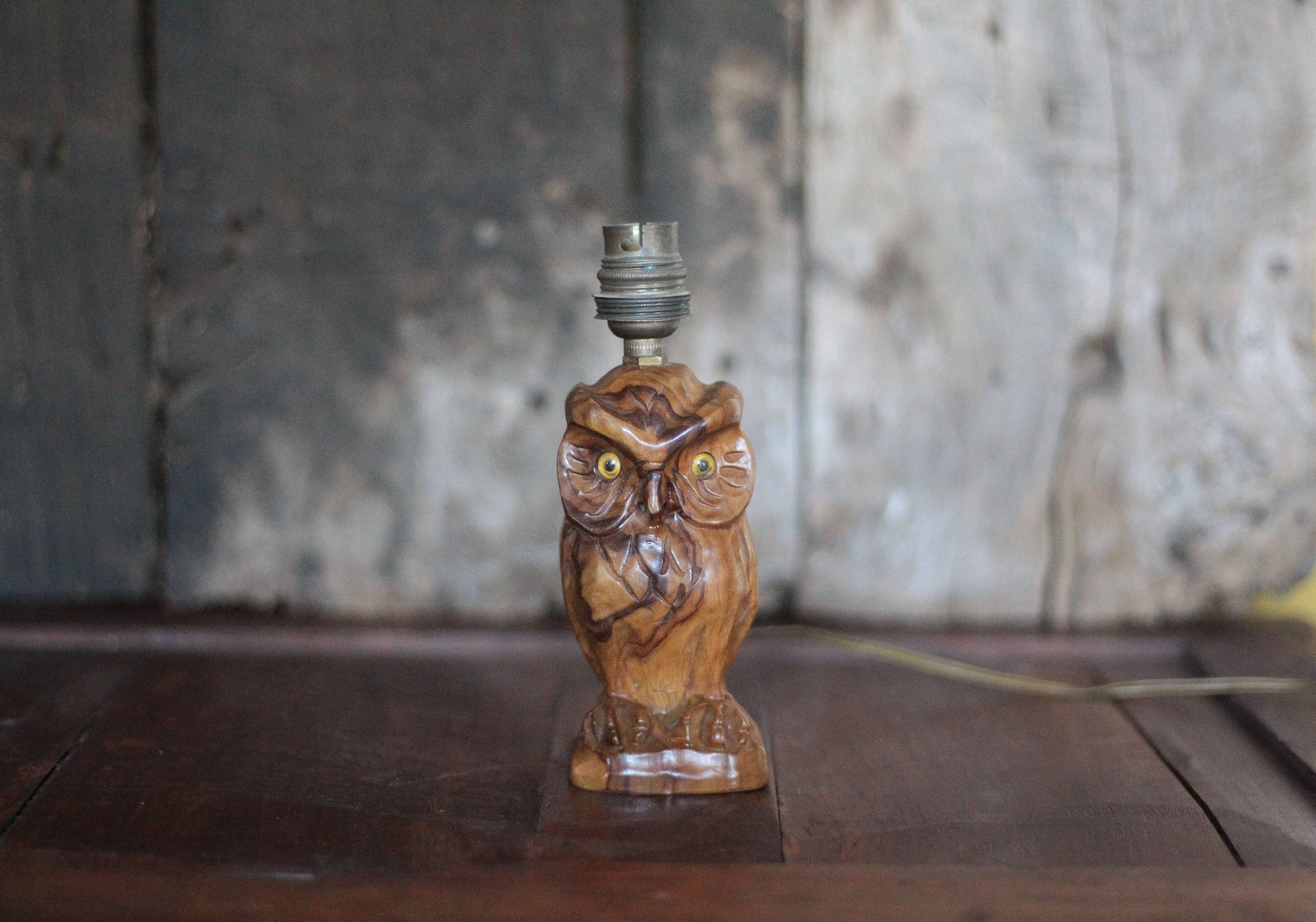 Wooden owl-shaped lamp, vintage owl, zoomorphic lamp, interior decoration.