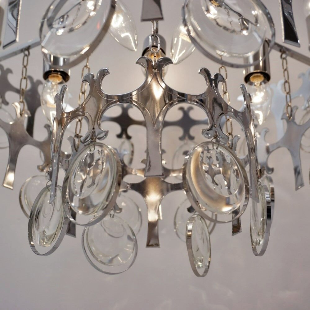 Sciolari chandelier `Ovali` 12 lights, silver with optical crystals, 1970`s ca, Italian, Rewired