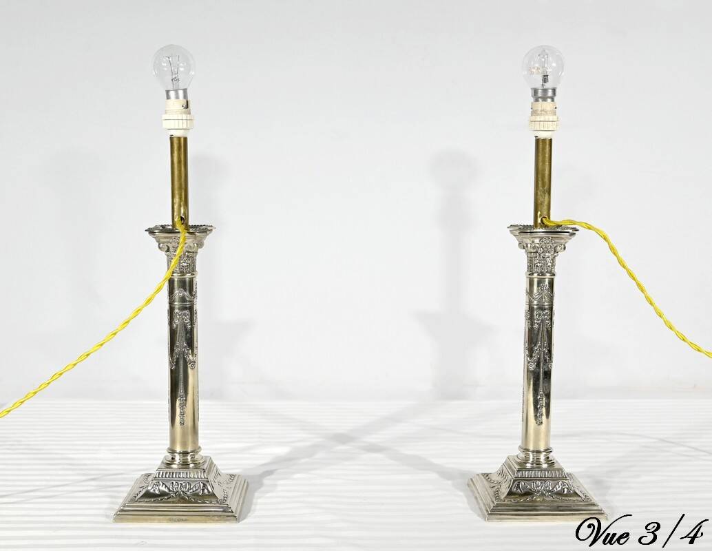 Pair of Electrified Torches in Silver Metal – Mid-19th Century