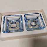 Two candleholders in turquoise/tranparent glass from Danish Kastrup-Holmegaard glassworks 1965-72