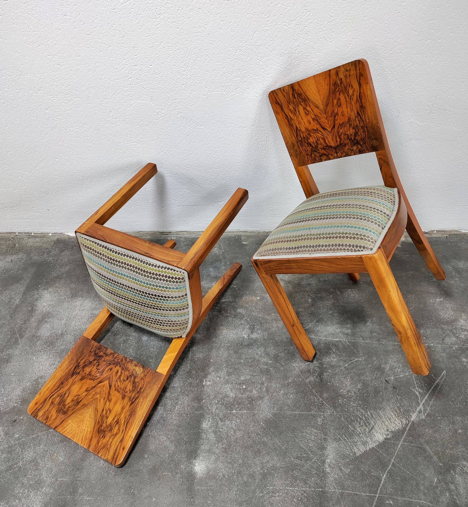 Set of six Art Deco dining chairs in walnut root veneer, 1940s.
