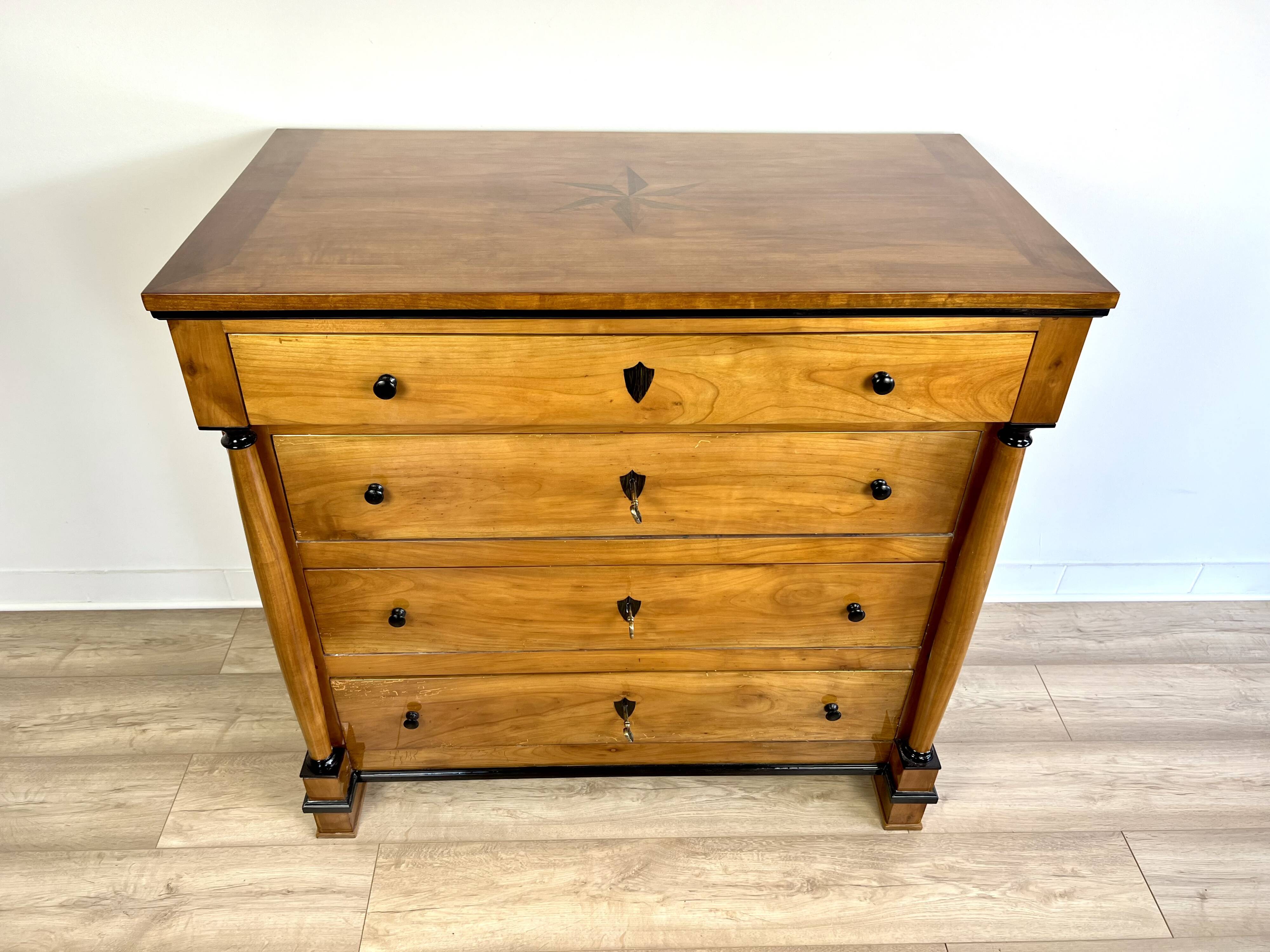Original Biedermeier chest of drawers after renovation - 19th century - cherry, glossy finish.