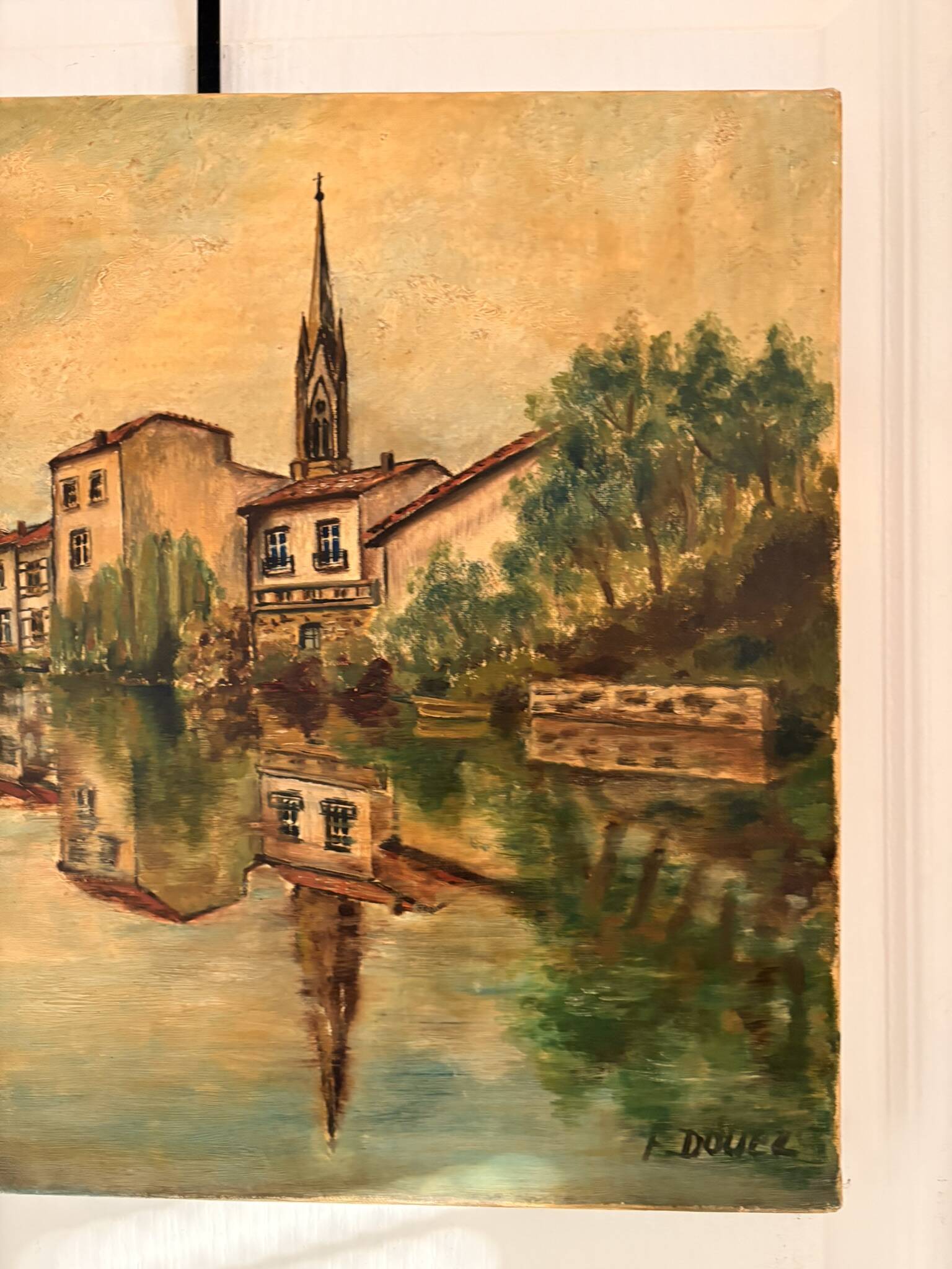 Old Oil Painting Canvas Linen River Church Village Bridge Signed D