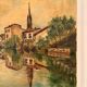 Old Oil Painting Canvas Linen River Church Village Bridge Signed D